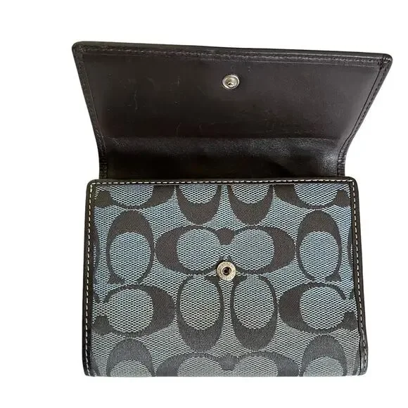 Coach Signature Gray Monogram Jacquard Brown Leather Trim Trifold Wallet Y2K - Picture 3 of 12